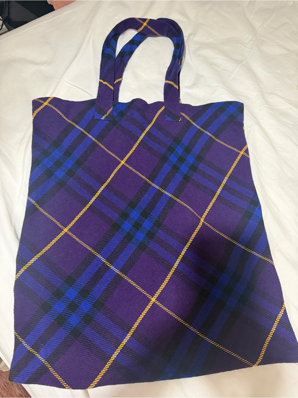Burberry Purple Plaid Tote with Yellow and Blue Stripes